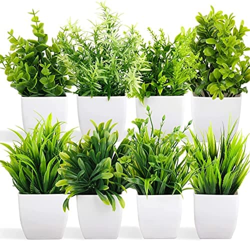 🛍️ Dekorly Artificial Potted Plants, Artificial Plastic Eucalyptus Plants Small Indoor Potted Houseplants, Small Faux Plants for Home Decor Bathroom Office Farmhouse (Set 0F 8)