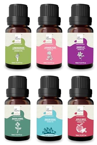 🛍️ AIR-ROMA Aroma Diffuser Oil Combo of 6 (Lemon Grass, Japanese Rose, Madurai Jasmine, Apple Spice, English Ocean and Ginger Lily) 60ml for Home, Candle, Office