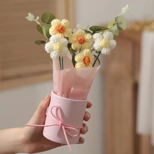 🛍️ VRB Dec 1pcs Artificial Crochet Flower Bouquet/Artificial Flowers Bunch/Crochet flowers bouquet/Crochet flowers/Flowers Bouquet Gift for Girls Home Decor,gifting,etc. (Yellow Daisy Bouquet/)