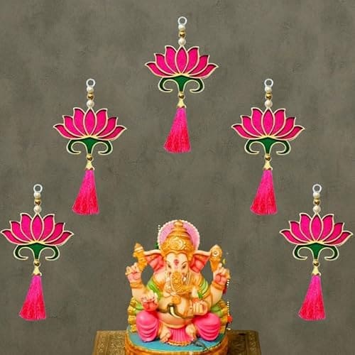 🛍️ RR Crafts MDF Lotus with Pink Tassel Hanging – Set of 6 Decorative Hangings for Home, Pooja Room, Diwali Decoration, Door, Wall, Temple & Festive Décor Items