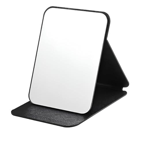 🛍️ ONICORN® Foldable Makeup Mirror with Stand, Compact Portable Folding Free Standing Travel Vanity Mirror, Frameless PU Leather (Round Edge Black 1 PCS)