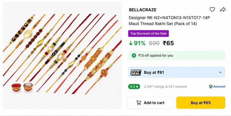 🔥 Pack of 14 Rakhi With Roli & Chawal @ ₹65