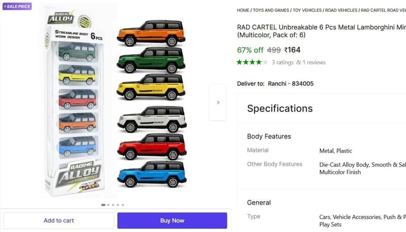 🔥  Unbreakable 6 Pcs Metal Mini Racing Car Toy @ ₹164