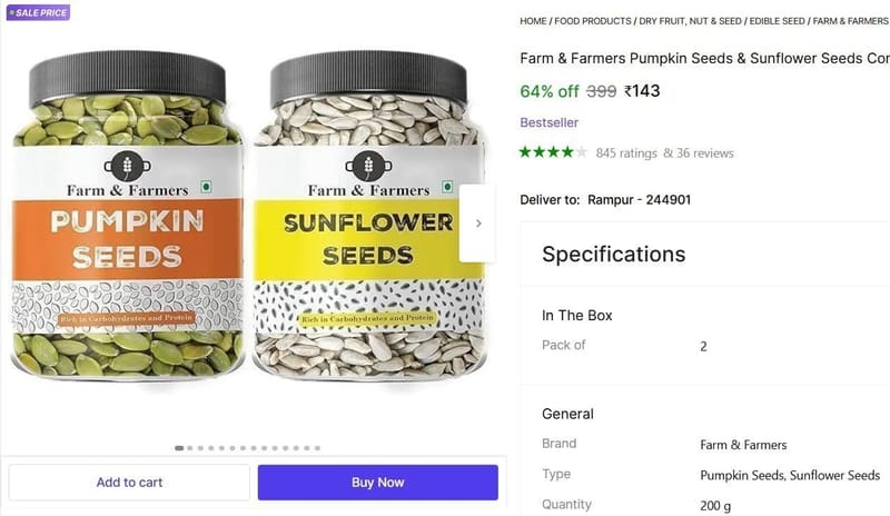 🔥  Pumpkin Seeds, Sunflower Seeds 100 gm Each @ ₹143