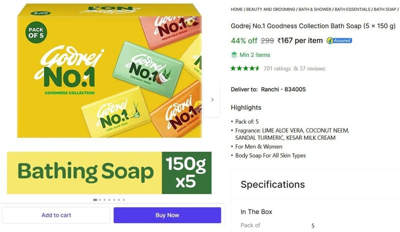 🔥  Godrej No.1 Goodness Collection Bath Soap (5 x 150 g) @ ₹167
