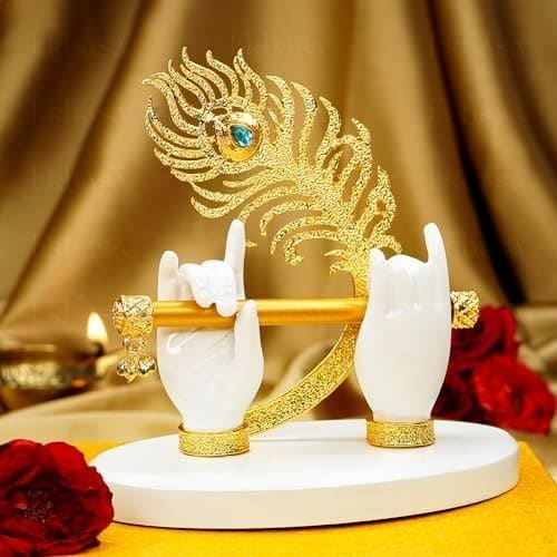 🛍️ Ekhasa Lord Krishna Hands with Flute Idol (Small Size) | Krishnaji Divine Hands Idol with Flute and Peacock Feather | Krishna Statue for Car Dashboard & Griha Pravesh Gift