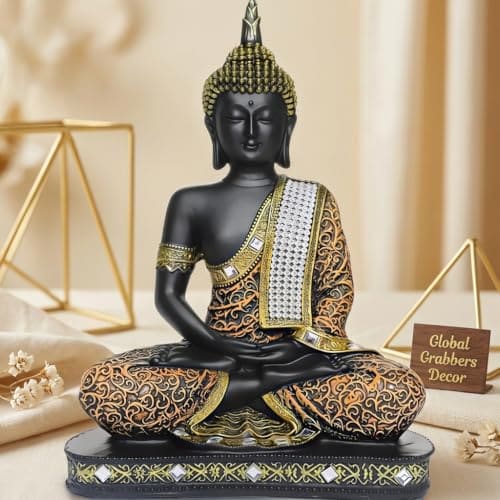 🛍️ Global Grabbers new Limited Edition 25 Centimetre Meditating Sitting Buddha Idol Statue showpiece Home Decor Decoration Items for Living Room and Gifts (1, Orange Black)