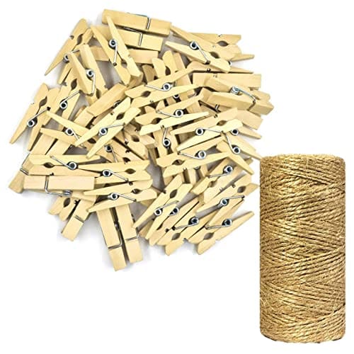 🛍️ ecofynd 30 pcs Mini Natural Wood Pin for Photos, Wooden Small Photo Clips, Mini Close Pins for Pictures, Paper Peg Craft Little Baby Shower, Party Home Decoration (30 Pieces+Jute Rope, Natural Clips)