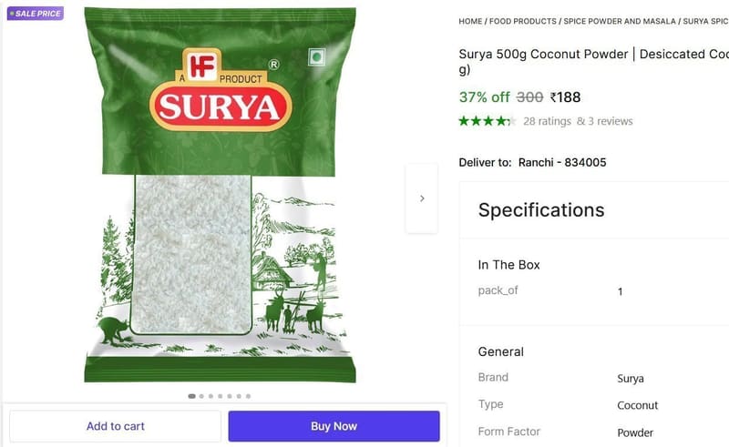 🔥  Surya 500g Coconut Powder @ ₹188