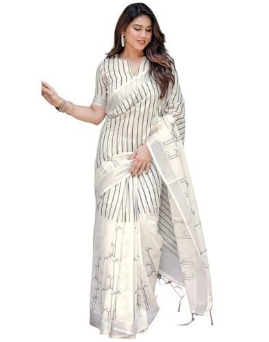 🛍️ SIRIL Women's Cotton Linen Printed Saree with Unstitched Blouse Piece (4263S123_Off-White)