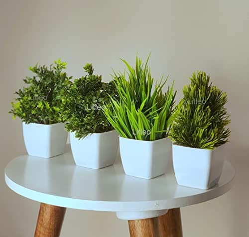🛍️ Litleo Plastic Artificial Plants Mini, Eucalyptus Potted Faux Decorative Grass Plant For Home Decor, Indoor, Office, Desk, Shelf, Table Decoration (Pack Of 4), Green