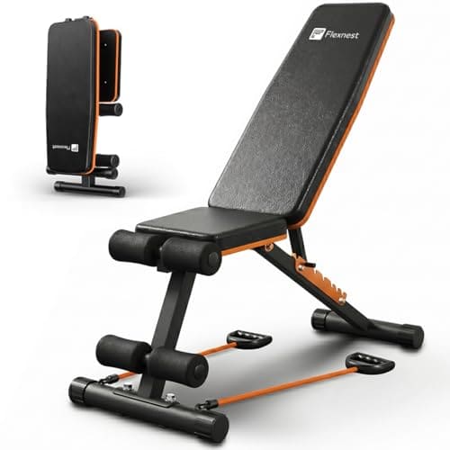🛍️ Flexnest Commercial Grade Adjustable And Foldable Gym Bench Incline,Decline & Flat 250 Kg Capacity Fitness Gym Bench with Resistance Ropes For Home Workout,Premium Leather Adjustable Multi-Purpose Machine - Black (Flexbench EZ)