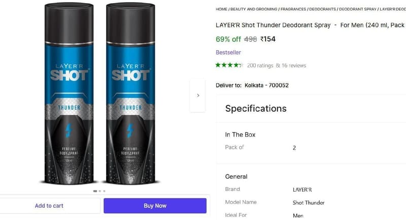🔥  LAYER'R Shot Deodorant Spray (240 ml, Pack of 2) @ ₹154