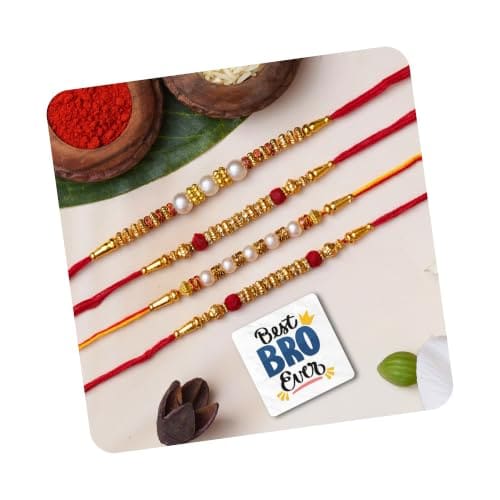 🛍️ eCraftIndia Set of 4 Red, Golden & White Beads, Pearl, Diamond Designer Rakhis, Best Bro Ever Fridge Magnet with Roli Chawal Pack - Rakhi for Brother, Bhaiya, Bhai