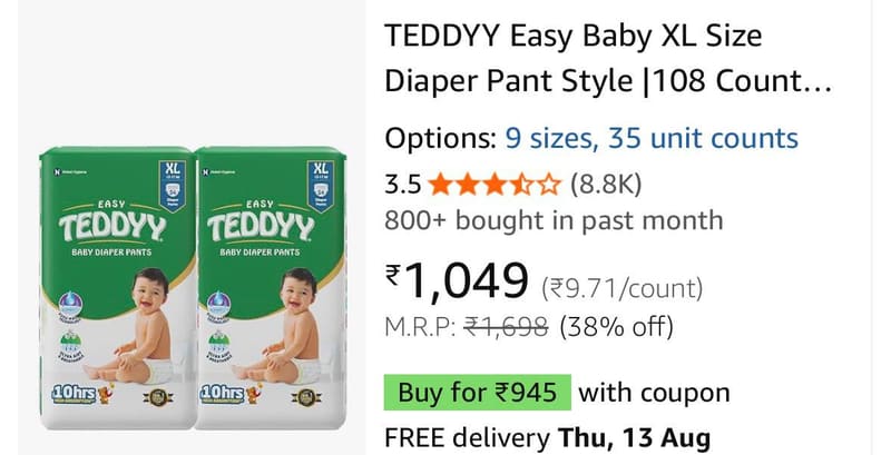 GRAB : Upto 73% Off On Teddyy Baby Diaper Pants & Wet Wipes + Coupon.