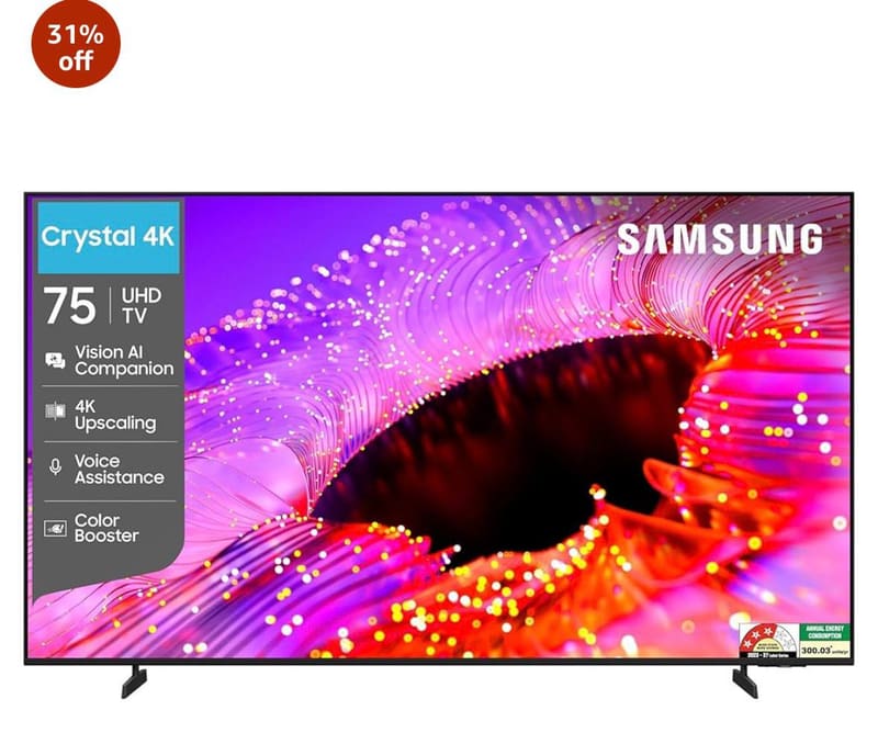 Samsung 75 inches Crystal UHD 4K Samsung Vision AI Smart TV at 69,490 (Effectively)