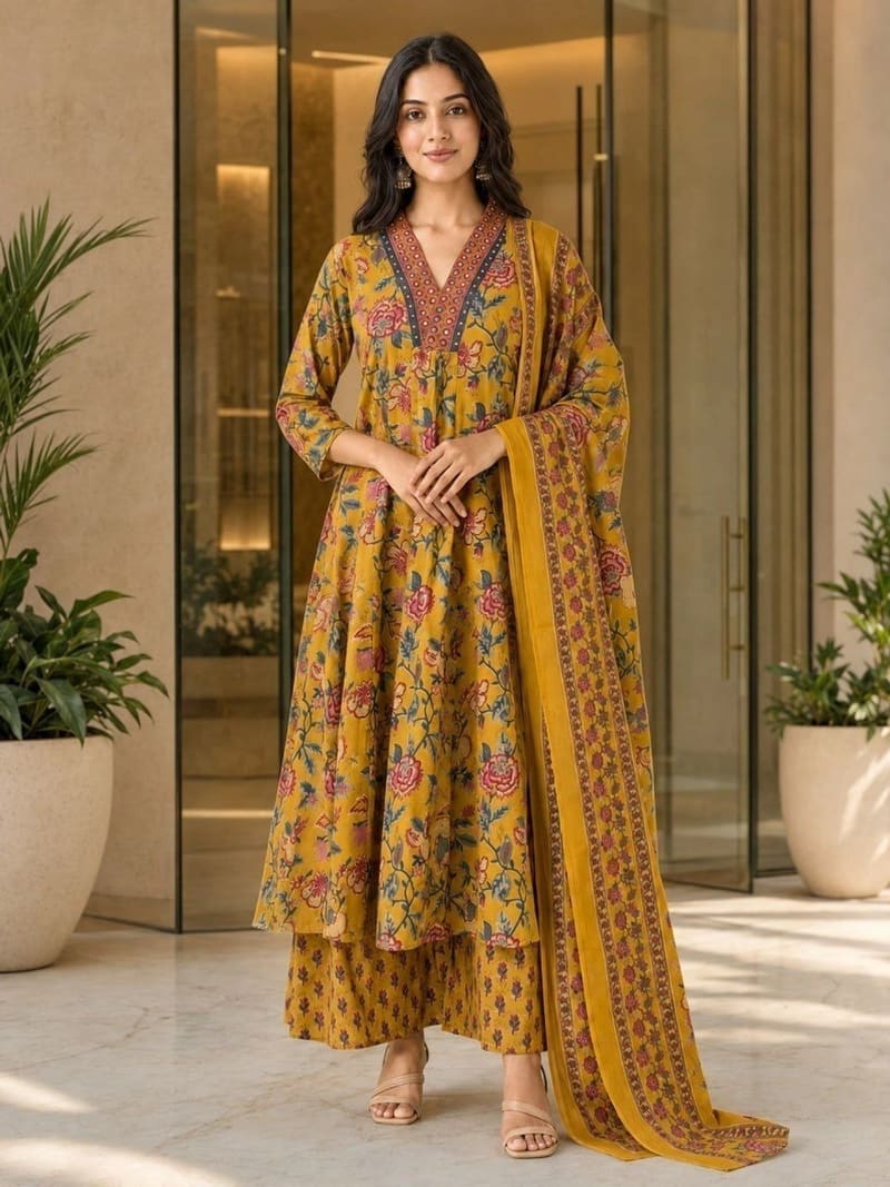 VAANEEP Women Cotton Kurta Palazzo Dupatta Set At Flipkart