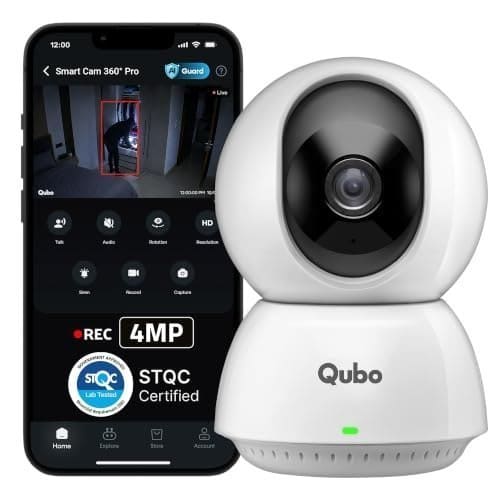 🛍️ Qubo Smart Cam 360° Pro 4MP by Hero Group [2026 Edition]| STQC Certified | Color Night Vision | 360° Panoramic Monitoring |App Alerts | 2-Way Talk | AI Person Detection | Cloud & SD Card Support