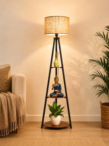 🛍️ Crosscut Furniture LED Tripod Floor Lamp with 3 Shelves, Brown Jute, Metal Corner Floor Lamp, for Decoration and Gifting,B22 Bulb