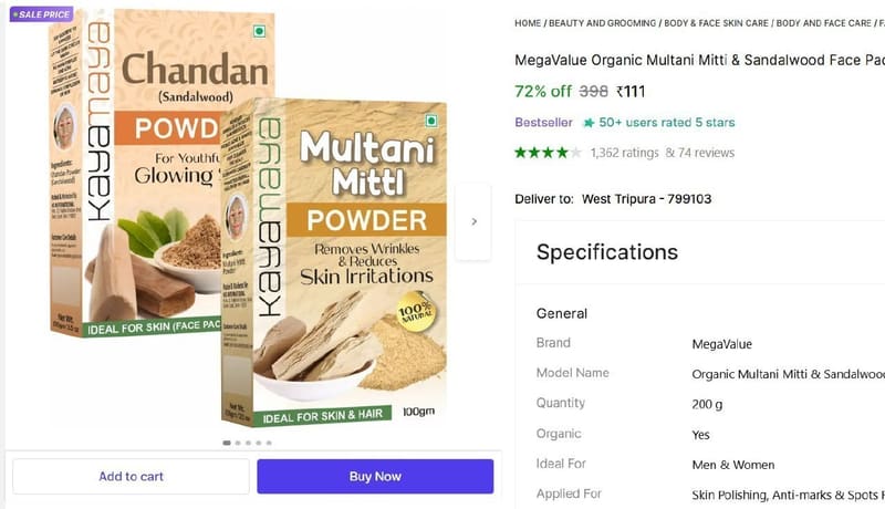 🔥  Multani Mitti & Sandalwood Face Pack Powder Combo Set (200 g) @ ₹111