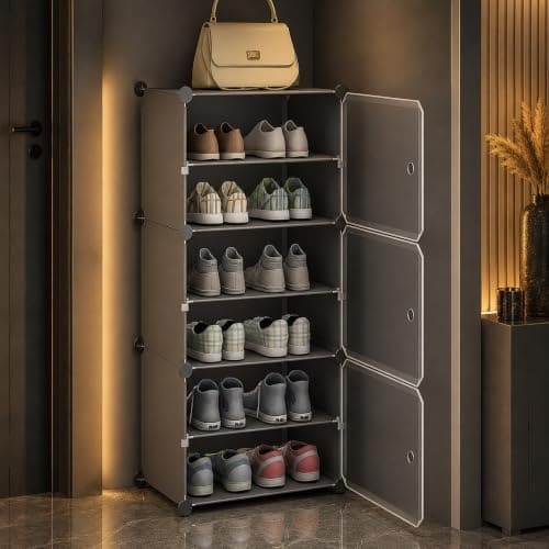🛍️ AYSIS Premium Foldable Plastic Shoe Rack for Home, 𝟑 𝐃𝐨𝐨𝐫 𝟔 𝐒𝐡𝐞𝐥𝐟 Shoe Cabinet, Dustproof & Waterproof Organizer, Portable Space Saving Storage for Entryway, Bedroom & Living Room, Grey