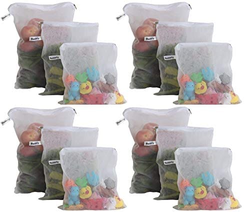🛍️ Beddify Set of 12 Reusable Fridge Storage Bags for Vegetables and Fruits with Zipper Dual Layer Mesh Net Multipurpose Multi-Size Kitchen Storage Bags Organizer (White)