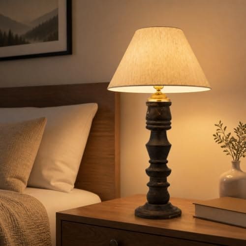 Amazon : tu casa Wooden Table Lamp with Off-White Fabric Shade | Beds @557