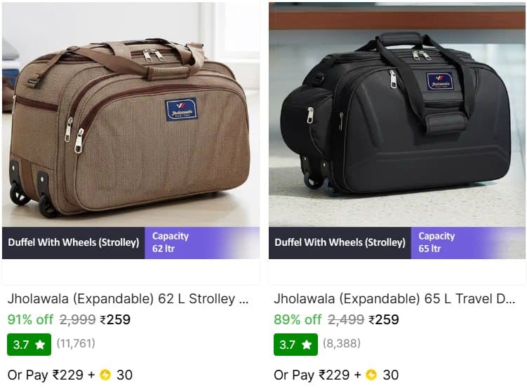 🔥  (Expandable) 62 L Strolley Duffel Bag @ ₹259