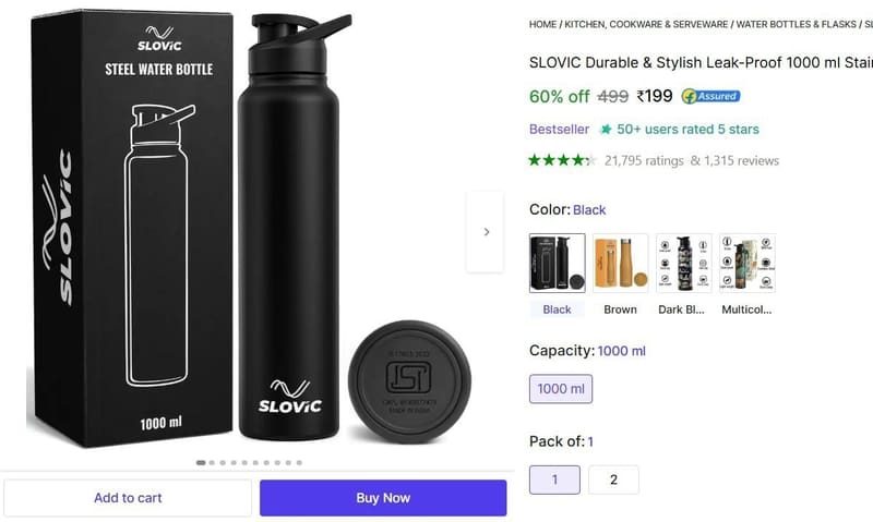 🔥  Leak-Proof 1000 ml Stainless Steel Bottle @ ₹199