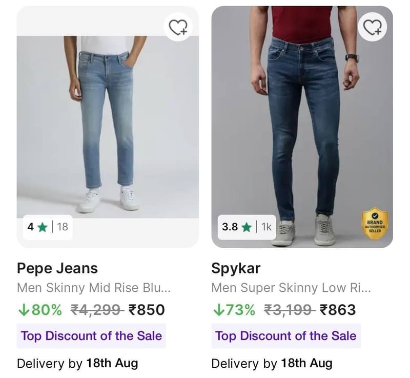 BRANDED JEANS (Killer, Spykar, Jack & Jones & Pepe Jeans) Upto 80% Off FROM ₹799