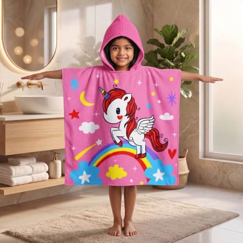 Kids Poncho Towel 120x60 CM, Unicorn Rainbow, Pink & Multico...