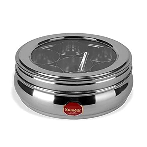 🛍️ Sumeet Stainless Steel Belly Shape Masala (Spice) Box/Dabba/Organiser With See Through Lid With 7 Containers And Small Spoon (Small), Beige