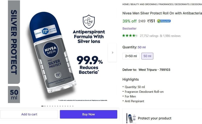 🔥  Nivea Men Silver Deodorant Roll-on  -  For Men (50 ml) @ ₹151
