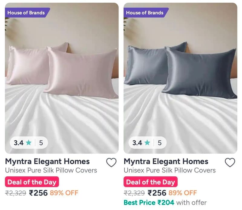Myntra | ⚡Satin Pillow cover starting at 256/- + additional coupon