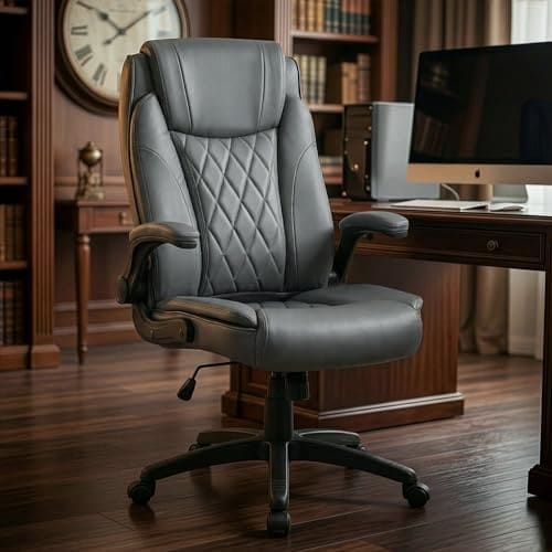 🛍️ DROGO Dominus Ergonomic Office Chair for Work from Home | Computer Chair for Study | PU Leather Executive Boss Chair with Flip-Up Armrest, Wide Cushion Seat (Grey)