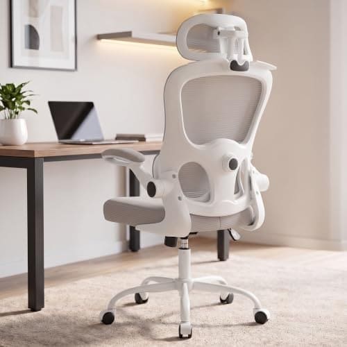 🛍️ DROGO Aerofly Premium Ergonomic Office Chair for Work from Home, 2D Headrest, High Back Computer Chair with Mesh, Flip-up Armrest, Recline,Adjustable Lumbar Support, Mesh Chair for Office(White/Grey)