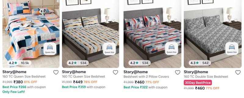 Myntra : Premium Double Bedsheet Set Starts @380.