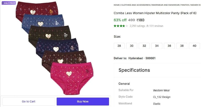 🔥  Women Hipster Multicolor Panty (Pack of 6) @ ₹180