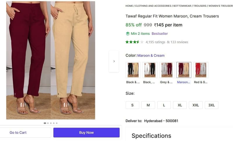 🔥  Women Maroon, Cream Trousers @ ₹145