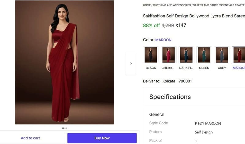 🔥  Self Design Bollywood Lycra Blend Saree @ ₹147
