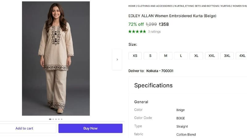 🔥  Women Embroidered Kurta (Beige) @ ₹358