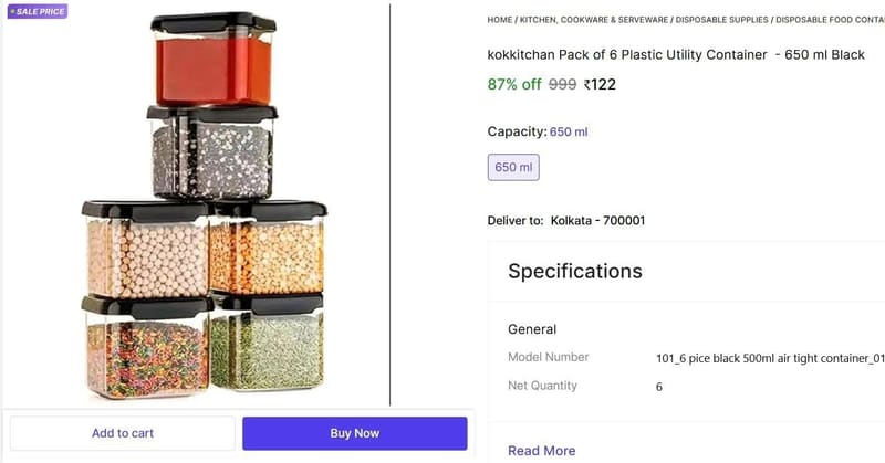 🔥  Pack of 6 Plastic Utility Container @ ₹122