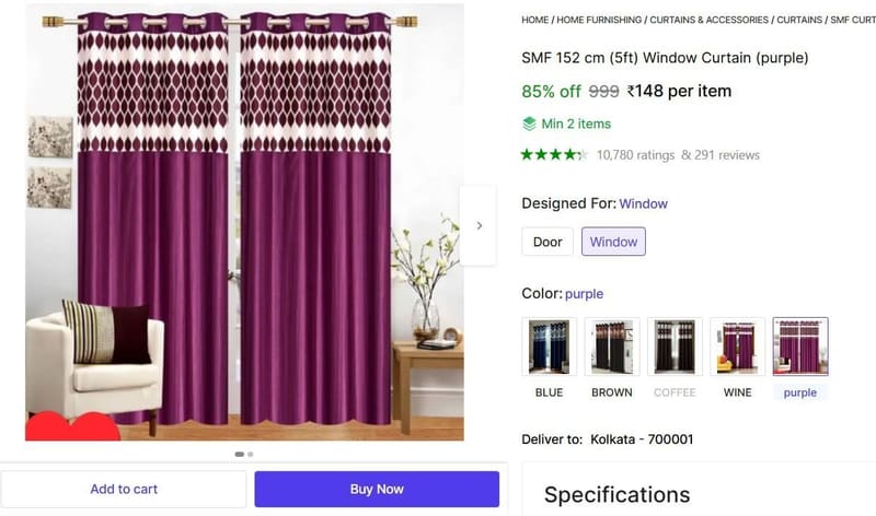 🔥  (5ft) Window Curtain (Purple) @ ₹148
