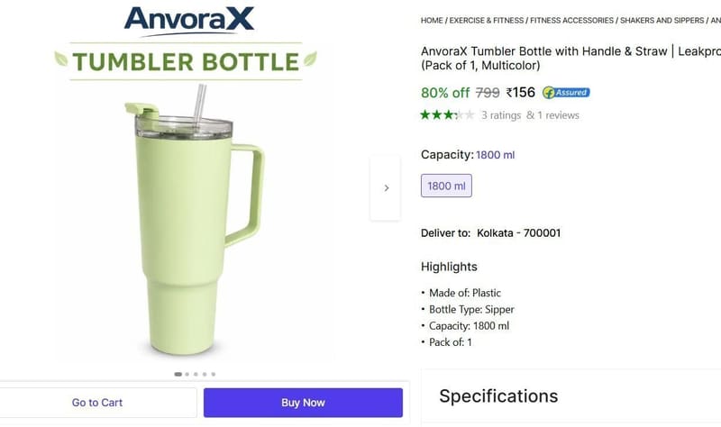 🔥  Tumbler Bottle with Handle & Straw @ ₹156