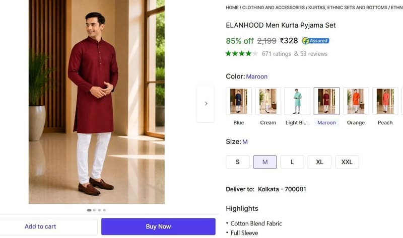 🔥  Men's Kurta Pyjama Set @ ₹328
