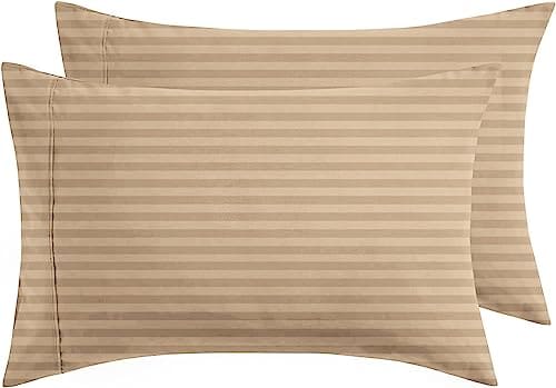 🛍️ BSB HOME® 220 TC Premium Glace Cotton Solid Striped Pillow Covers | Super Soft and Breathable Envelope Closure| Set of 2 Pieces Pillow Covers King Size (Beige, 20 x 30 Inches)