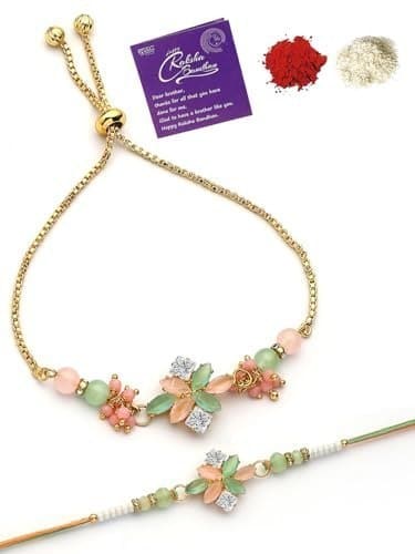 🛍️ Sukkhi Rakhi Elegant Gold Plated AD Stones & Beads Preety Pink with Green Color Rakshabandhan Lumba Rakhi for Brother Bhaiya Bhabhi with Roli Chawal & Greeting Card|Set of 2|CBRAKL107455