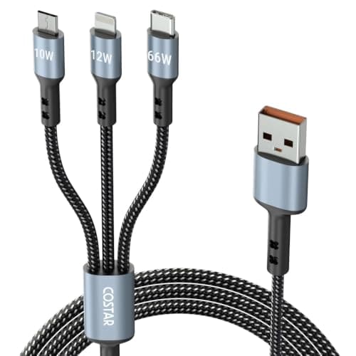 🛍️ COSTAR 60W 3-in-1 Multi Fast Charging Cable – 3A Nylon Braided 1.5M Cable with Type-C & Micro USB for iPhone, iPad, Samsung, OnePlus, Xiaomi, Oppo, Vivo, Android & Car Charging (Grey)