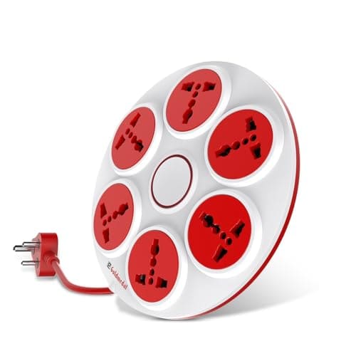 🛍️ Goldmedal 360 Degree Power Strip | 6 Universal Sockets| 2-Meter Cord with Safety Shutter | Multi-Plug Board for Home Appliances & Office, Wall Mount Option - White & Red