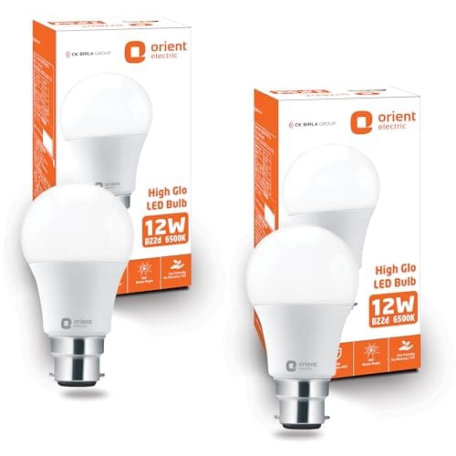 🛍️ Orient Electric 12W High Glow LED bulb| 180-degree wide beam angle| Voltage surge protection up to 4 kV| 6500K, Cool White| B22d base| Made in India| Pack of 2